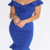 Charismatic V Neck Short Sleeves Falbala Design Blue Polyester Knee Length Dress