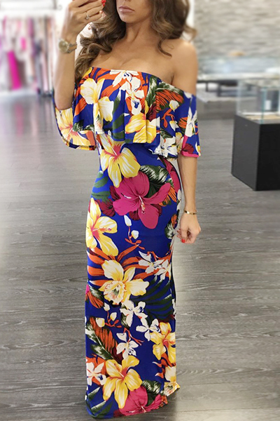 Charming Bateau Neck Short Sleeves Floral Print Twilled Satin Floor Length Dress