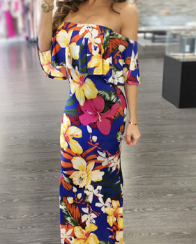 Charming Bateau Neck Short Sleeves Floral Print Twilled Satin Floor Length Dress