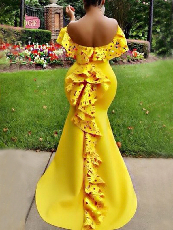 Charming Dew Shoulder Falbala Design Yellow Polyester Floor length Dress