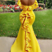 Charming Dew Shoulder Falbala Design Yellow Polyester Floor length Dress