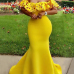 Charming Dew Shoulder Falbala Design Yellow Polyester Floor length Dress