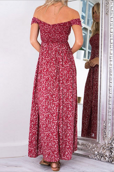 Charming Dew Shoulder Printed High Split Red Blending Ankle Length Dress