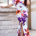 Charming Dew Shoulder Short Sleeves Printed White Milk Fiber Sheath Floor Length Dress