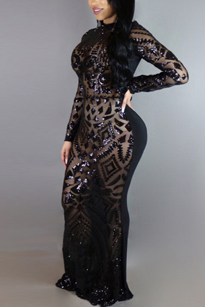 Charming Round Neck Long Sleeves Sequins Decoration Black Milk Fiber Sheath Ankle Length Dress