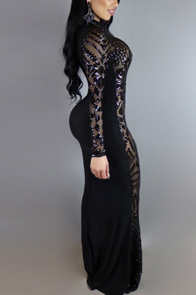 Charming Round Neck Long Sleeves Sequins Decoration Black Milk Fiber Sheath Ankle Length Dress