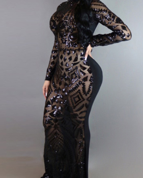 Charming Round Neck Long Sleeves Sequins Decoration Black Milk Fiber Sheath Ankle Length Dress