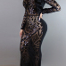 Charming Round Neck Long Sleeves Sequins Decoration Black Milk Fiber Sheath Ankle Length Dress