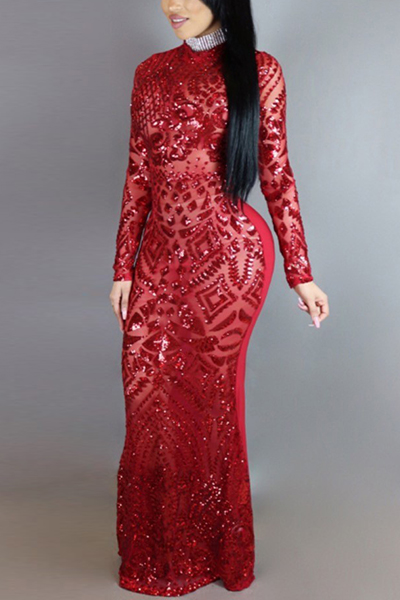 Charming Round Neck Long Sleeves Sequins Decoration Red Milk Fiber Sheath Ankle Length Dress