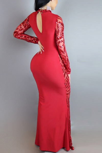 Charming Round Neck Long Sleeves Sequins Decoration Red Milk Fiber Sheath Ankle Length Dress