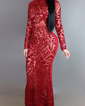 Charming Round Neck Long Sleeves Sequins Decoration Red Milk Fiber Sheath Ankle Length Dress