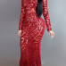 Charming Round Neck Long Sleeves Sequins Decoration Red Milk Fiber Sheath Ankle Length Dress