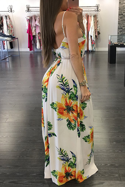 Charming Spaghetti Strap Sleeveless Printed Backless Yellow Milk Fiber Floor Length Dress