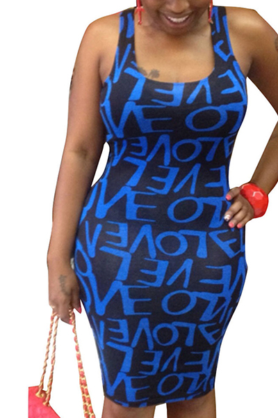 Charming U-shaped Neck Sleeveless Printed Blue Qmilch Sheath Knee Length Dress