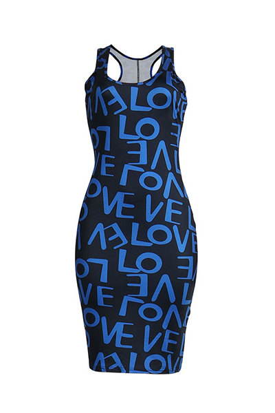 Charming U-shaped Neck Sleeveless Printed Blue Qmilch Sheath Knee Length Dress