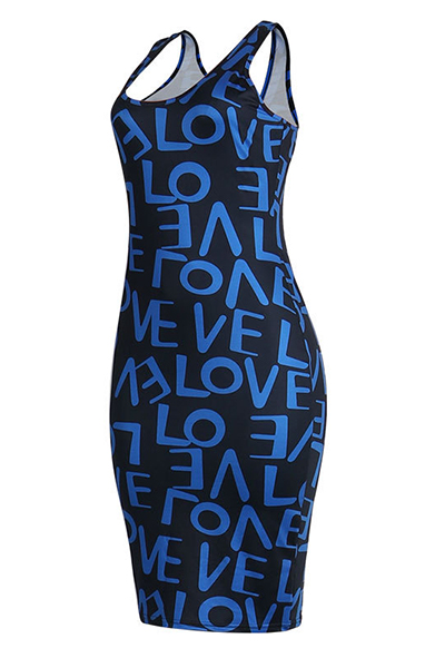 Charming U-shaped Neck Sleeveless Printed Blue Qmilch Sheath Knee Length Dress