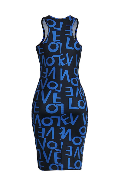 Charming U-shaped Neck Sleeveless Printed Blue Qmilch Sheath Knee Length Dress