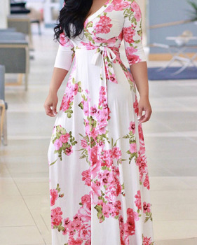 Charming V Neck Floral Print White Milk Fiber Floor Length Dress