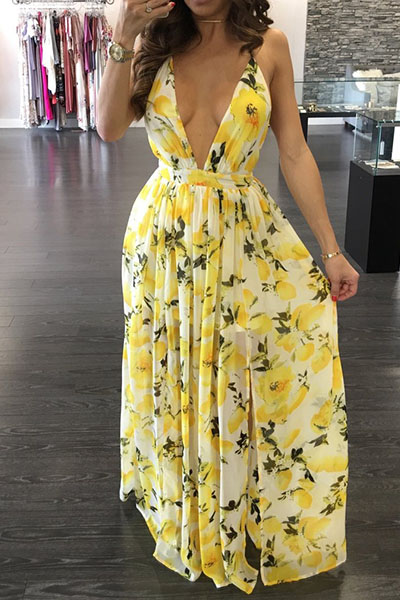 Charming  V Neck Printed Backless Yellow Chiffon Floor Length Dress