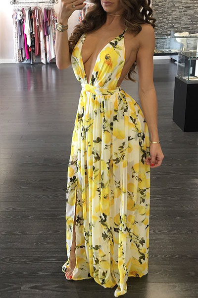 Charming  V Neck Printed Backless Yellow Chiffon Floor Length Dress