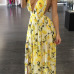 Charming  V Neck Printed Backless Yellow Chiffon Floor Length Dress