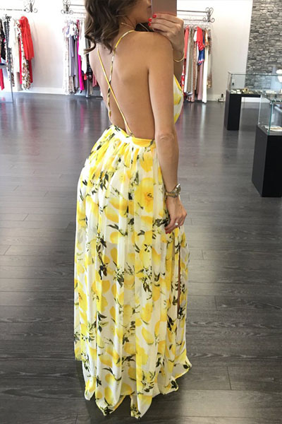 Charming  V Neck Printed Backless Yellow Chiffon Floor Length Dress