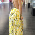 Charming  V Neck Printed Backless Yellow Chiffon Floor Length Dress