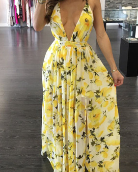 Charming  V Neck Printed Backless Yellow Chiffon Floor Length Dress