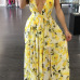 Charming  V Neck Printed Backless Yellow Chiffon Floor Length Dress