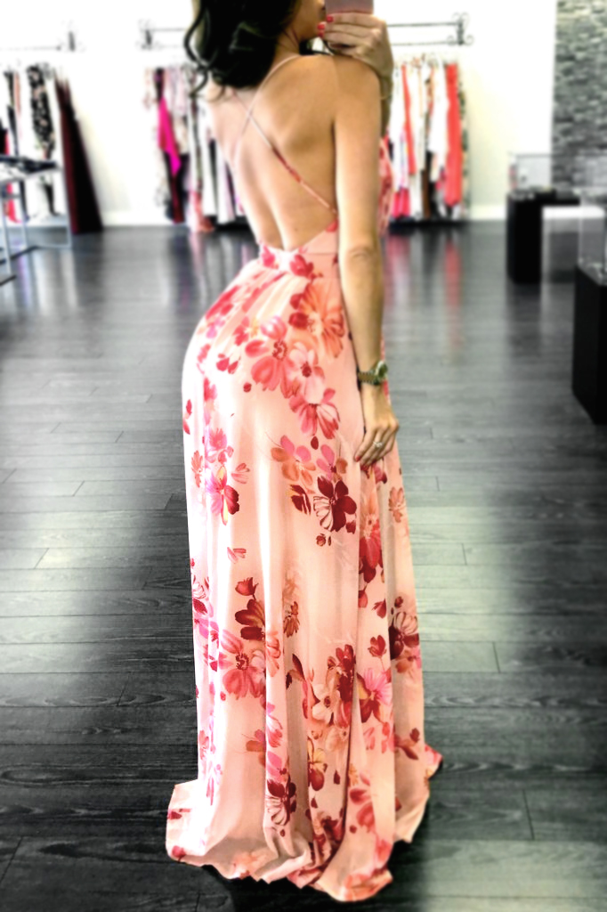 Charming V Neck Sleeveless Printed Backless Red Chiffon Floor Length Dress