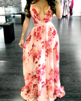 Charming V Neck Sleeveless Printed Backless Red Chiffon Floor Length Dress