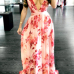 Charming V Neck Sleeveless Printed Backless Red Chiffon Floor Length Dress