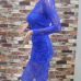 Cheap Sexy O Neck Long Sleeves Patchwork Blue Lace Knee Length Dress