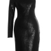 Cheap Sexy O Neck One Shoulder Long Sleeve Back Hollow-out Cobra Black PU Sheath Mini Bodycon Dress