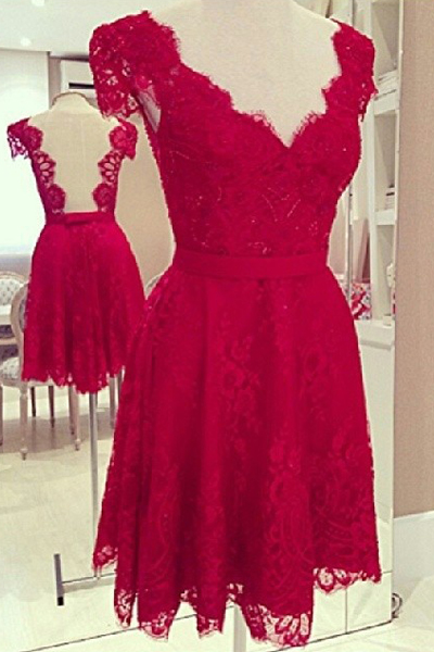 Cheap Sexy V Neck Short Sleeves Backless Red Lace Mini Dress