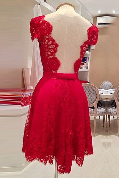 Cheap Sexy V Neck Short Sleeves Backless Red Lace Mini Dress