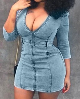 Denim Casual V Neck Half Sleeve Sheath Mini Dresses