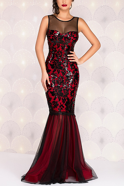 Elegant Round Neck Sleeveless Gauze Patchwork Red Sheath Floor Length Dress