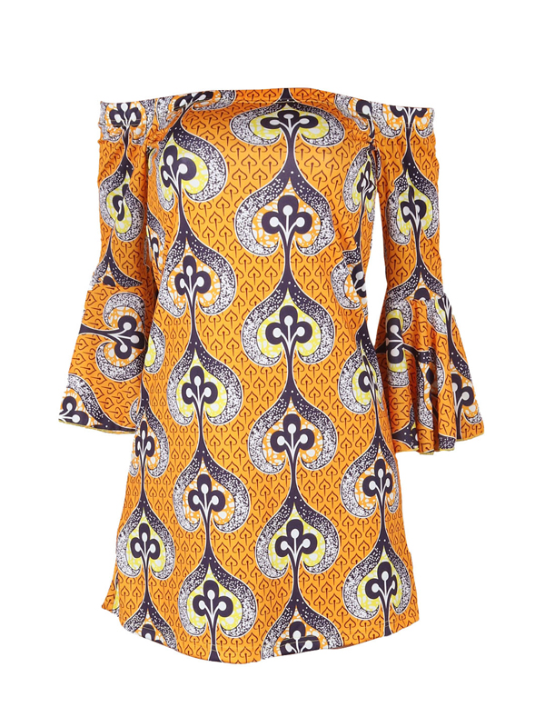 Ethnic Style Dew Shoulder Printed Polyester Mini Dress