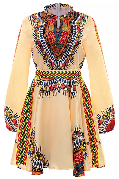 Ethnic Style Round Neck Long Sleeves Totem Printed White Polyester Mini Dress