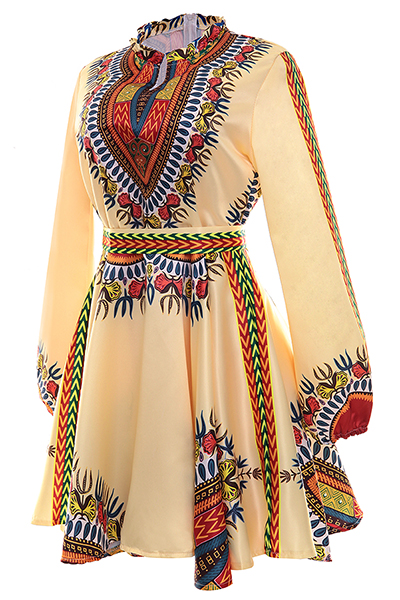 Ethnic Style Round Neck Long Sleeves Totem Printed White Polyester Mini Dress