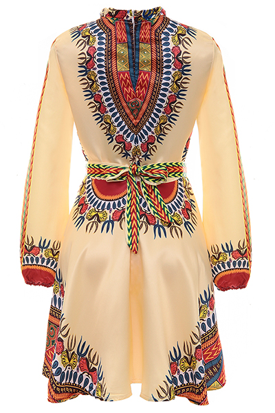 Ethnic Style Round Neck Long Sleeves Totem Printed White Polyester Mini Dress