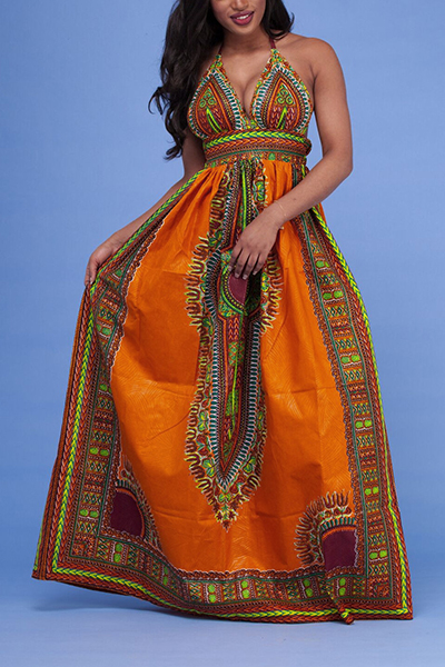 Ethnic Style V Neck Totem Printed Orange Milk Fiber Sheath Ankle Length Dress