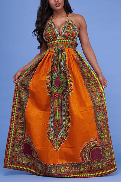 Ethnic Style V Neck Totem Printed Orange Milk Fiber Sheath Ankle Length Dress