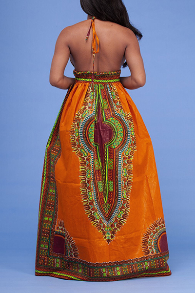 Ethnic Style V Neck Totem Printed Orange Milk Fiber Sheath Ankle Length Dress