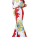 Euramerican Dew Shoulder Printed White Milk Fiber Mermaid Floor Length Dress