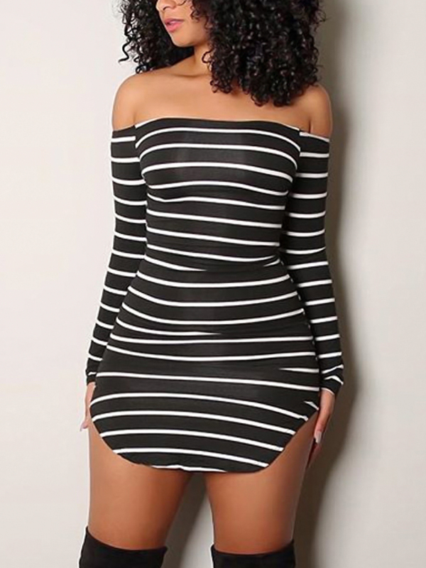 Euramerican Dew Shoulder Striped Milk Fiber Sheath Mini Dress