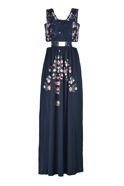 Euramerican Printed Hollow-out Navy Blue Polyester Floor Length Dress