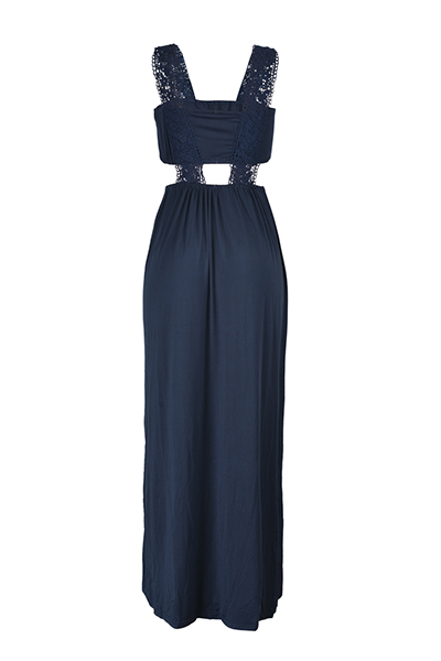 Euramerican Printed Hollow-out Navy Blue Polyester Floor Length Dress