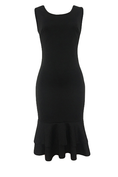 Euramerican Round Neck Falbala Design Black Polyester Sheath Mid Calf Dress